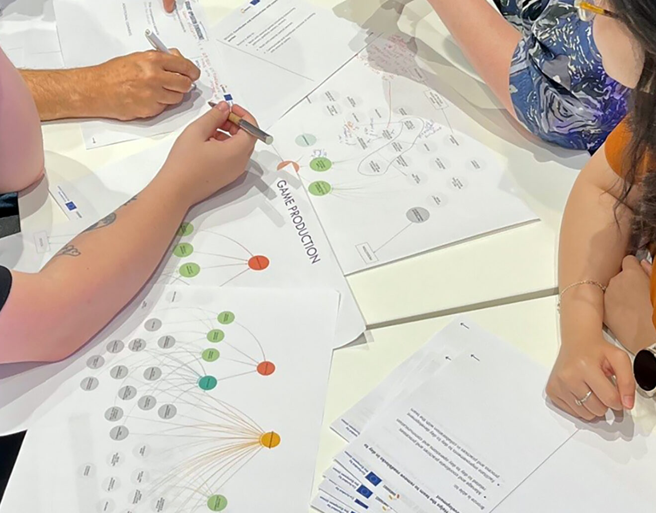 Gamebadges workshop participants working on draft papers at a game industry event