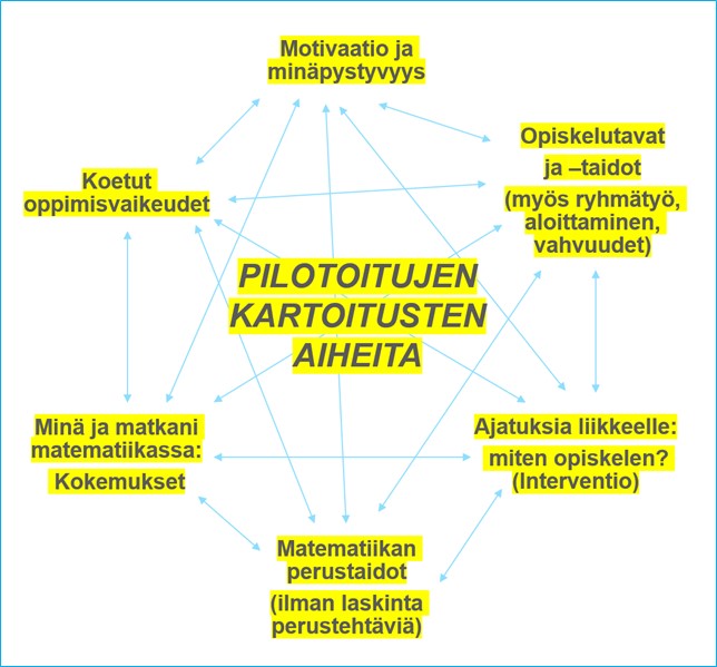 Pilotissa kartoitettiin motivaatiota ja minäpystyvyyttä, opiskelutapoja ja -taitoja, koettuja oppimisvaikeuksia, kokemuksia matematiikan opiskelusta ja matematiikan perustaitoja sekä laitettiin opiskelijoiden ajatuksia liikkeelle siitä, miten he opiskelevat.