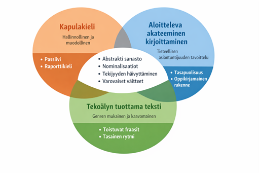 Kuvio havainnollistaa kapulakielen, aloittelevan akateemisen kirjoittamisen ja tekoälyn tuottaman tekstin yhteisiä piirteitä, joita ovat abstrakti sanasto, nominalisaatio, tekijyyden häivyttäminen ja varovaiset väitteet. Myös erot ovat selviä. Kapulakieli on hallinnollista ja muodollista, ja sitä leimaa passiivin ja raporttikielen käyttö. Akateeminen kirjoittaminen tavoittelee tieteellistä asiantuntijuutta tasapuolisuuden ja oppikirjarakenteen avulla. Tekoälyn tuotos taas on genren mukaista ja kaavamaista, ja sille on ominaista toistuvien fraasien käyttö ja tasainen rytmi