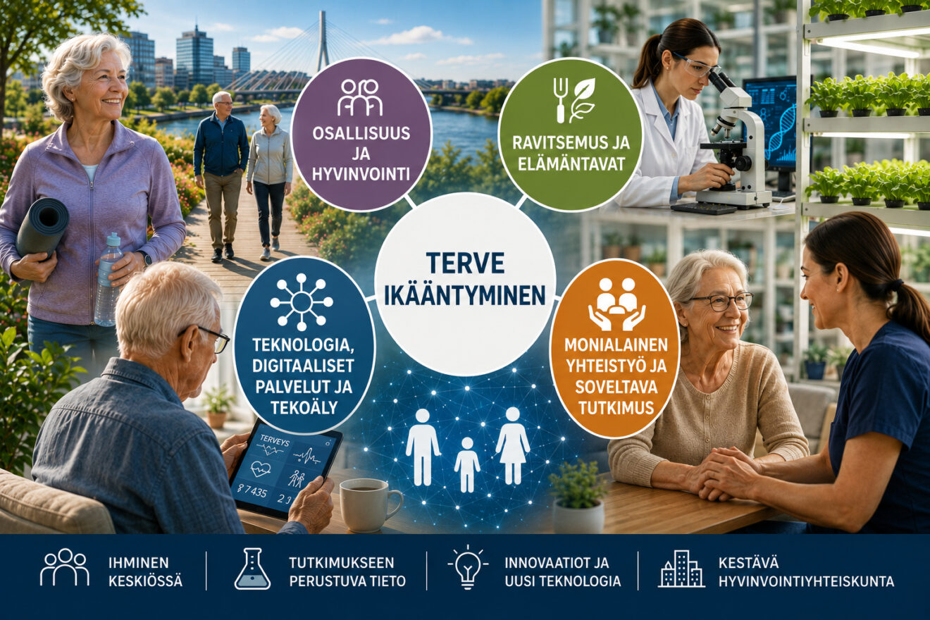 Kuvassa 1 eri-ikäiset ihmiset osallistuvat terveyttä ja hyvinvointia tukeviin tilanteisiin, kuten liikuntaan, digitaalisten terveyspalveluiden käyttöön, tutkimustyöhön ja hoivaan. Keskellä kuvaa on kaaviomainen kokonaisuus, jossa terve ikääntyminen yhdistyy ravitsemukseen, teknologiaan, osallisuuteen sekä monitieteiseen tutkimus- ja kehitystyöhön. Taustalla näkyy moderni kaupunkiympäristö, laboratorio ja sisäviljelyä kuvaavia elementtejä.