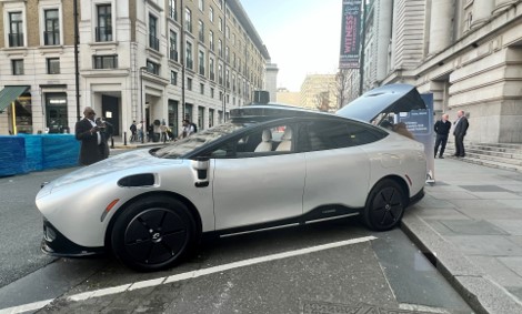 A photograph taken in 2026 of a stationary Tensor robo-car.