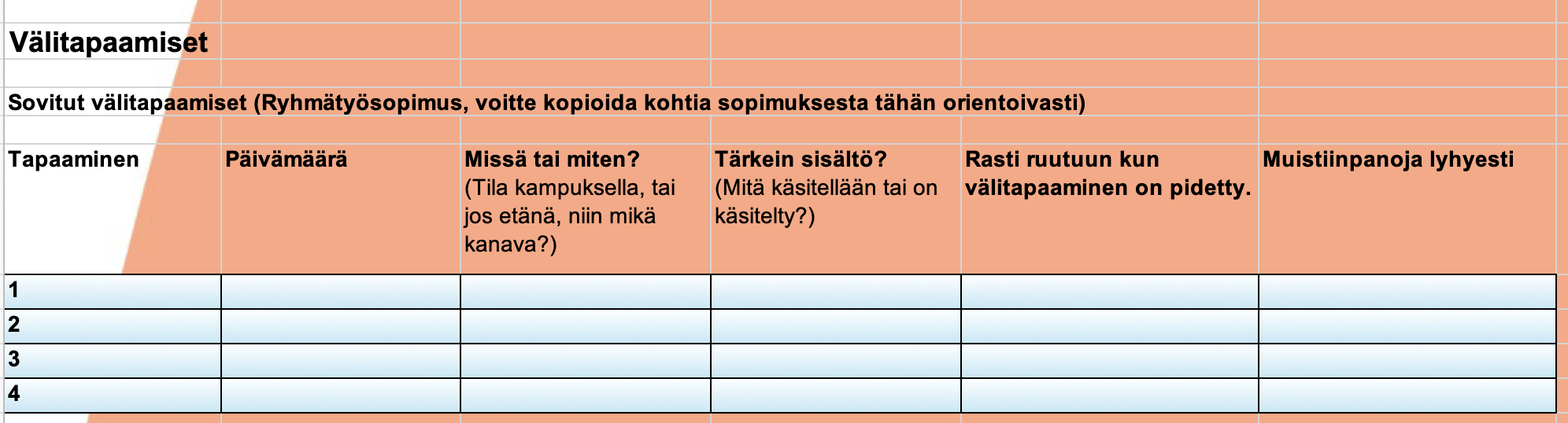 Välitaapamisten kirjaaminen: Aika, missä ja miten, tapaamisen sisältö, muita muistiinpanoja.