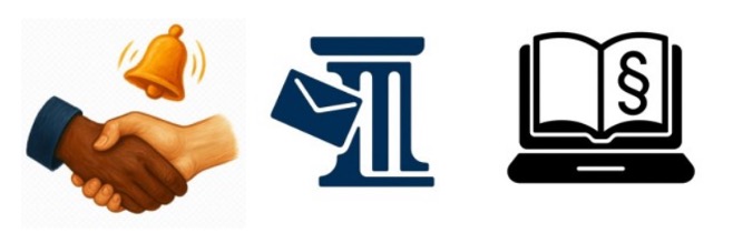 Logo 1: Piirrosmaiset, kättelevät kädet, joiden päällä kello. Logo 2: Tyylitelty pylväs, jonka rinnalla kirjekuori. Logo 3: Tyylitelty kirja, jonka sivulla lakipykälän merkki.