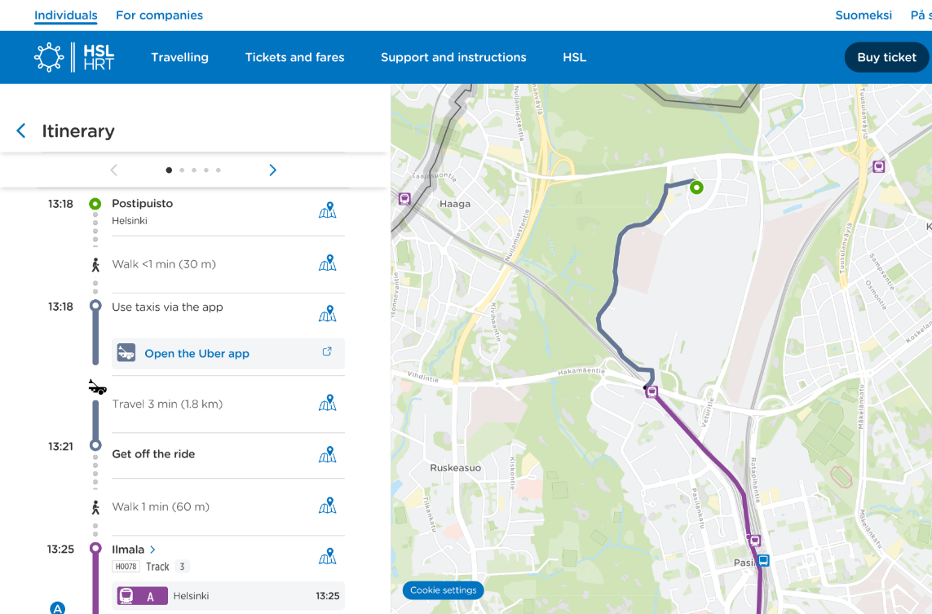 HSL:n reittiopas näyttää Uber-osuuden reittiehdotuksessa.